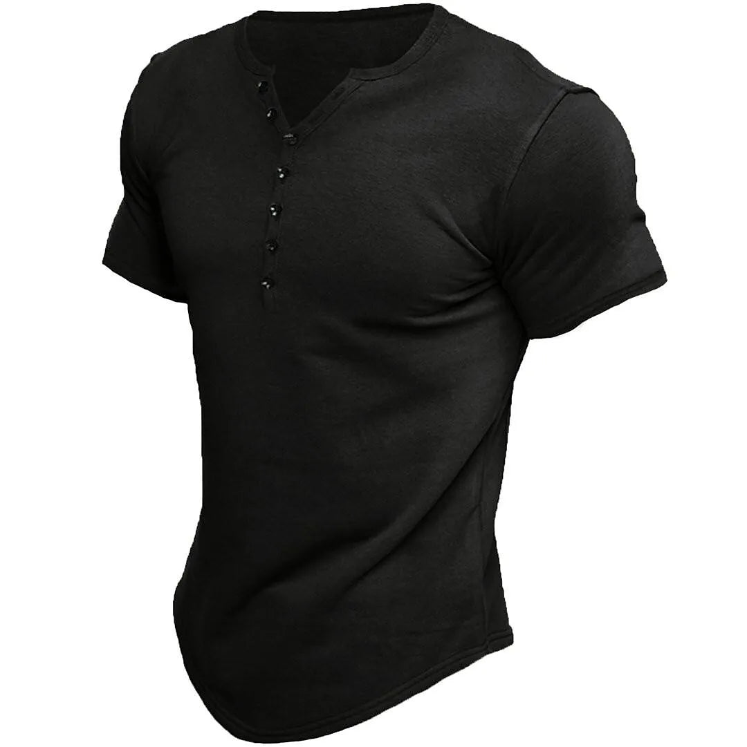 John - Heren Henley effen kleur Casual T-shirt korte mouwen Casual Vintage