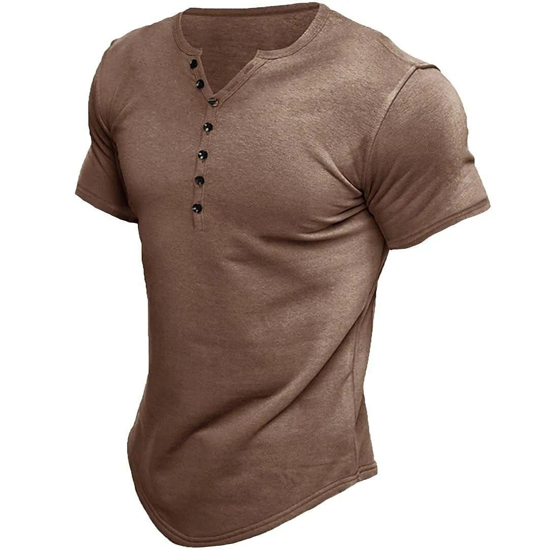 John - Heren Henley effen kleur Casual T-shirt korte mouwen Casual Vintage
