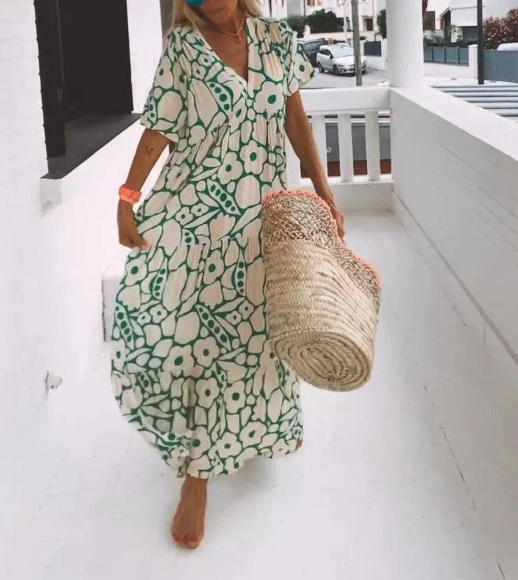 Althea - Groene maxi jurk met korte mouwen