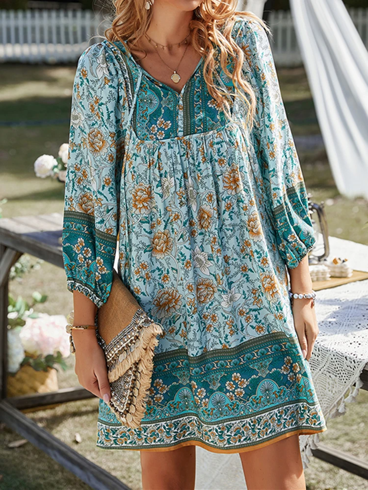 Jensen - Mode strand Boho Vintage A-lijn jurk met bloemenprint