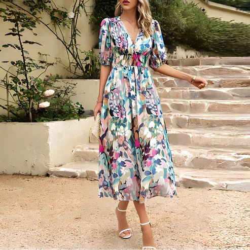 Maxine - Platte sandalen voor damesFeminiene bloemenjurk met pofmouwen