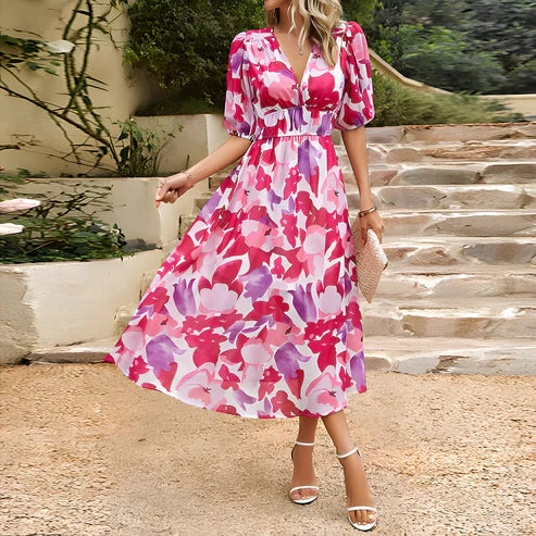 Maxine - Platte sandalen voor damesFeminiene bloemenjurk met pofmouwen