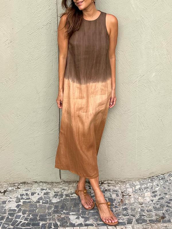 Anna - Damesjurk, lang, casual, van katoen en linnen, mouwloos, met Tie-Dye split