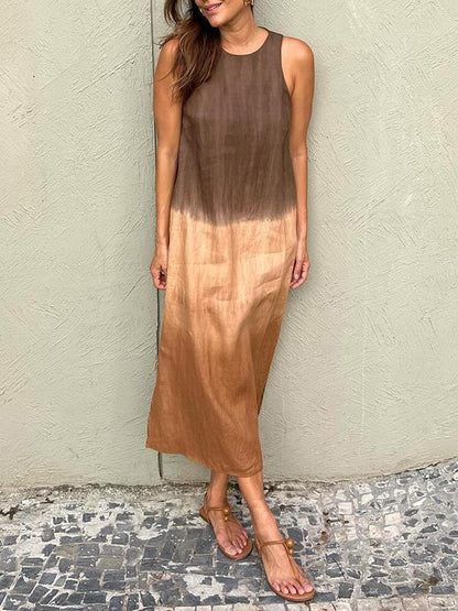 Anna - Damesjurk, lang, casual, van katoen en linnen, mouwloos, met Tie-Dye split
