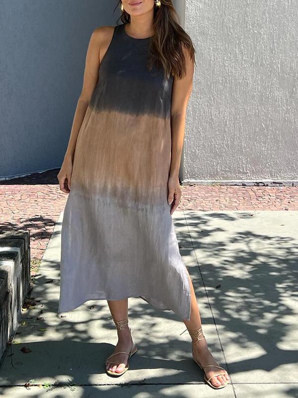 Anna - Damesjurk, lang, casual, van katoen en linnen, mouwloos, met Tie-Dye split