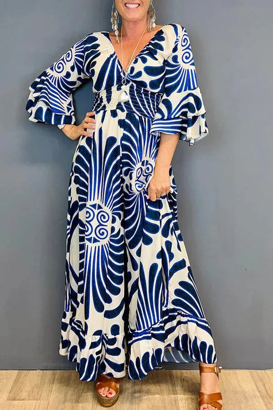 Sara - Vintage Bloemen Jumpsuit Met Ruches En Mouwen